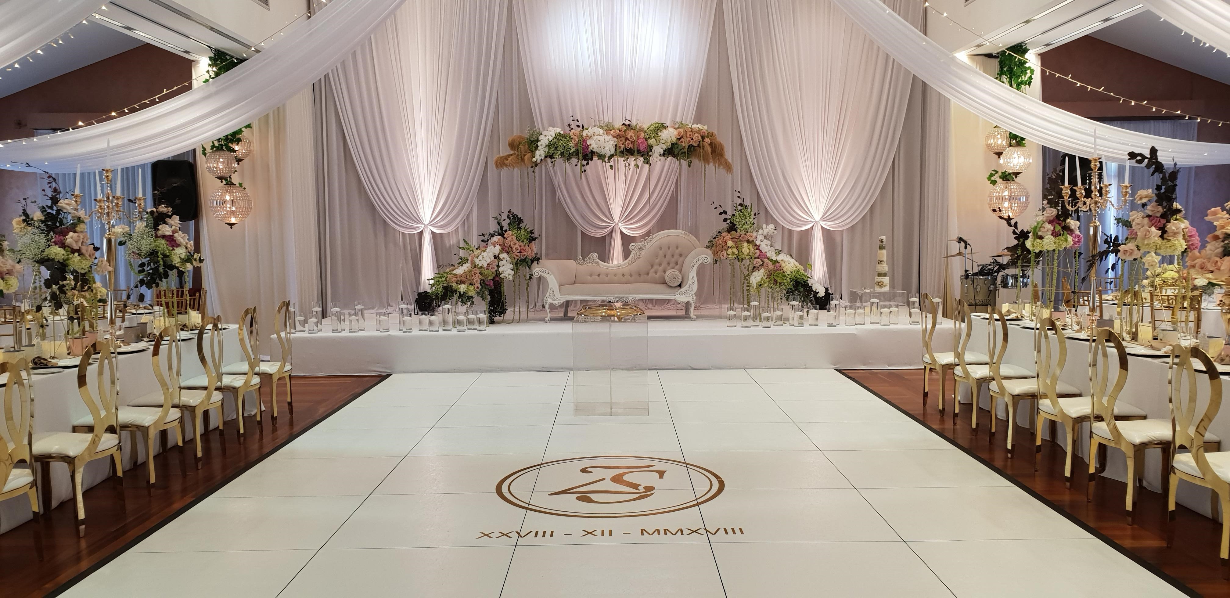 Custom monogram dance floor decal at an Auckland wedding